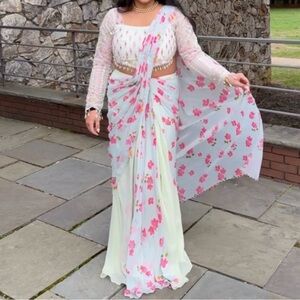 Floral White and Pink Saree